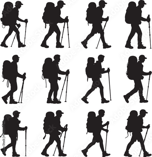 Hikers with backpacks trekking in nature silhouette