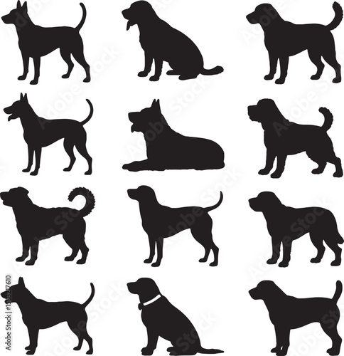 Twelve dog silhouettes various breeds canine collection