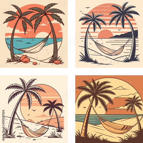 A beachside hammock between two palm trees with a retro sunset.