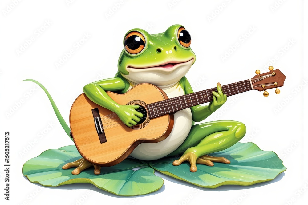 Obraz premium A smiling green frog playing a brown acoustic guitar on large green leaves isolated on White Background