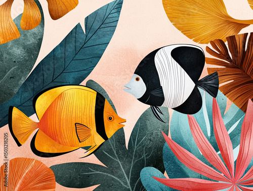 Colorful mix of tropical wildlife with vibrant fish swimming among large exotic leaves in warm and cool tones creating lively scene