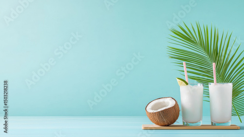 Refreshing coconut drink with lime slice and tropical palm leaf on blue background, evoking calm and tropical summer vibe