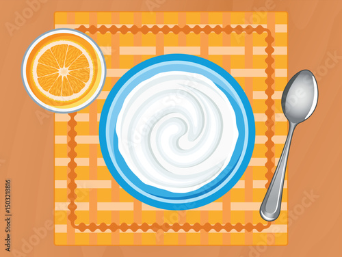 White yogurt in a bowl and a glass of orange juice top view vector illustration. White natural yogurt on a wooden table above view vector. Healthy snack on the table drawing