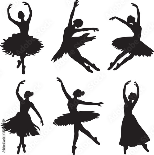 Six silhouettes of ballerinas dancing gracefully