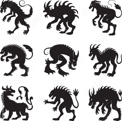 Nine black silhouettes of mythical creatures