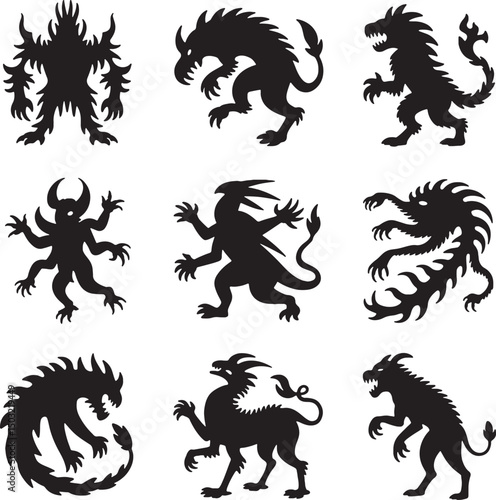 Collection of nine black silhouette mythical creatures