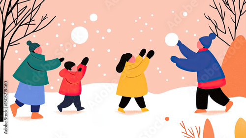 Joyful snowball fight between parents and kids in snowy winter landscape with bare trees and playful atmosphere