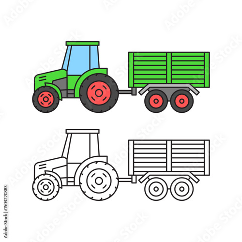 Green tractor with trailer. Linear icon in color