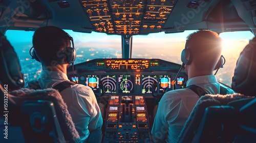 Professional Pilots at Work in Modern Passenger Jet Aircraft Cockpit – Aviation, Flight Deck, and Air Travel Concept