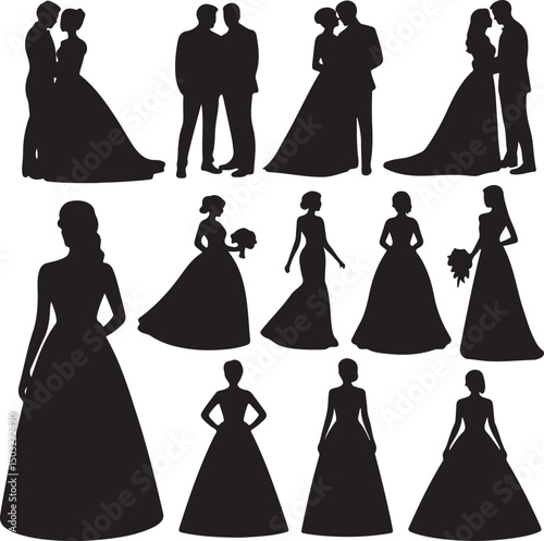 Bride and Groom Wedding Silhouette

Just Married Couple Vector Art

Elegant Wedding Moment Illustration

Romantic Bride & Groom Pose

Classic Wedding Couple Silhouette