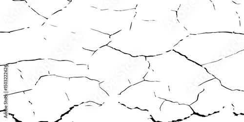 A high-contrast black and white image of cracked, dry earth with deep fractures spreading across the surface, resembling drought-affected soil or old peeling paint. 