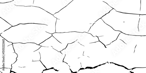A high-contrast black and white image of cracked, dry earth with deep fractures spreading across the surface, resembling drought-affected soil or old peeling paint. 