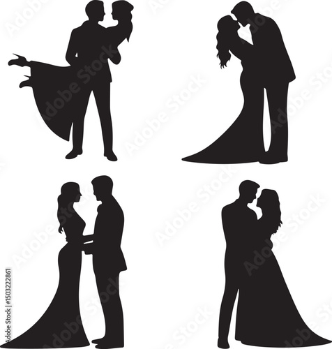 Bride and Groom Wedding Silhouette

Just Married Couple Vector Art

Elegant Wedding Moment Illustration

Romantic Bride & Groom Pose

Classic Wedding Couple Silhouette