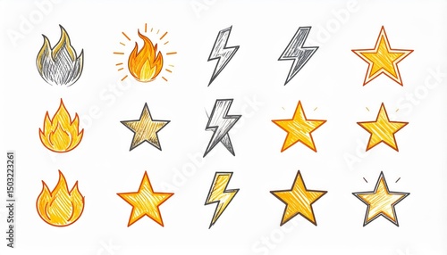 Fire, thunder, star doodle icon. Flame, lightning bolt, star crayon pencil simple scribble set