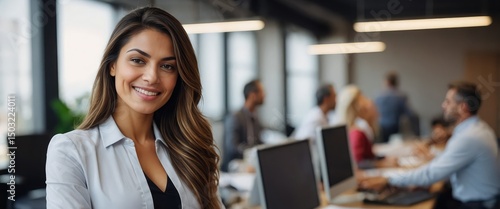 Beautiful Latin businesswoman radiates confidence in office while coworkers stay busy.

