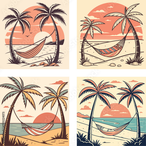 A beachside hammock between two palm trees with a retro sunset.