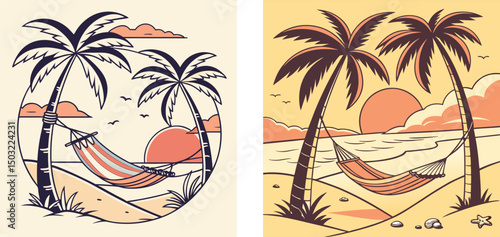 A beachside hammock between two palm trees with a retro sunset.