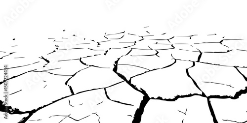 A high-contrast, black and white illustration of a cracked, parched landscape, resembling dried earth in a drought-stricken area. The deep fissures spread across the barren ground, creating an abstrac