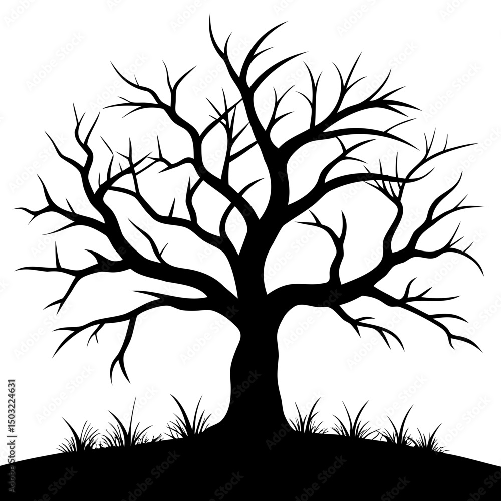 Fototapeta premium Silhouette of a bare tree with many branches and some grass at the bottom in black and white style