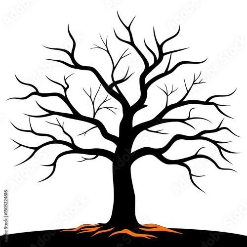 Silhouette of a bare tree with visible roots and branches against a white background in vector art