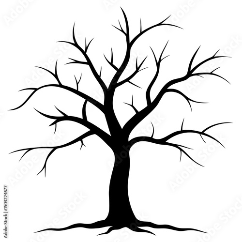 Illustration of a bare tree with many branches and roots in black silhouette against white background