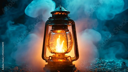Vintage lantern with burning flame in smoky environment