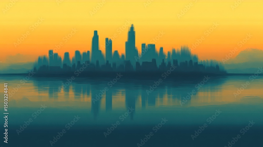 Fototapeta premium City skyline reflected on tranquil water at sunset.