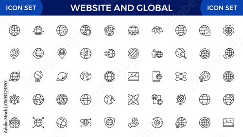 Website and global line icon collection. World Map, connections, global, business, network, navigation and globe icon set.