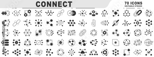 Big set of connect related black line icons. Editable stroke