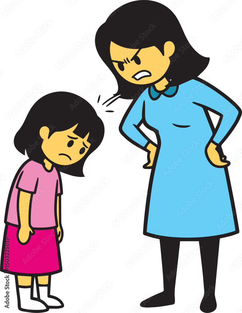 A cartoon illustration of a mother scolding her sad child. Parental Discipline
A cartoon illustration of a mother scolding her sad child. Parental Discipline