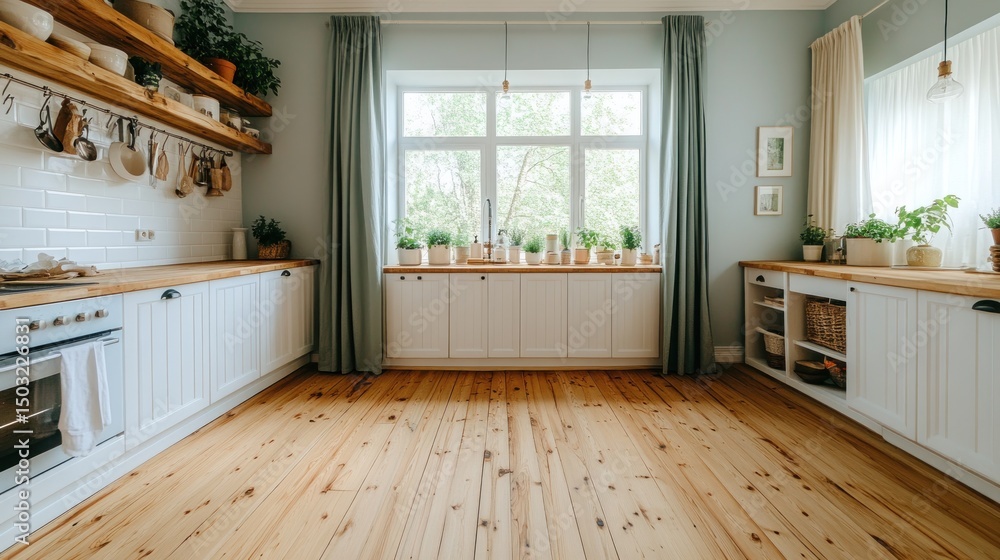 Obraz premium A bright and airy kitchen with wooden floors and light cabinets.
