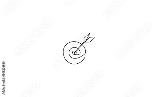 Arrow and target continuous one line drawing. Vector illustration isolated, Target with arrow single line art, continuous one line drawing of  Isolated outline vector icon.
