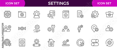 Settings, icon set. Containing options, configuration, preferences, adjustments, operation, gear, control panel, equalizer, management, optimization and productivity icons.