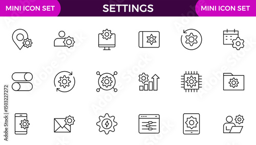 Settings, icon set. Containing options, configuration, preferences, adjustments, operation, gear, control panel, equalizer, management, optimization and productivity icons.