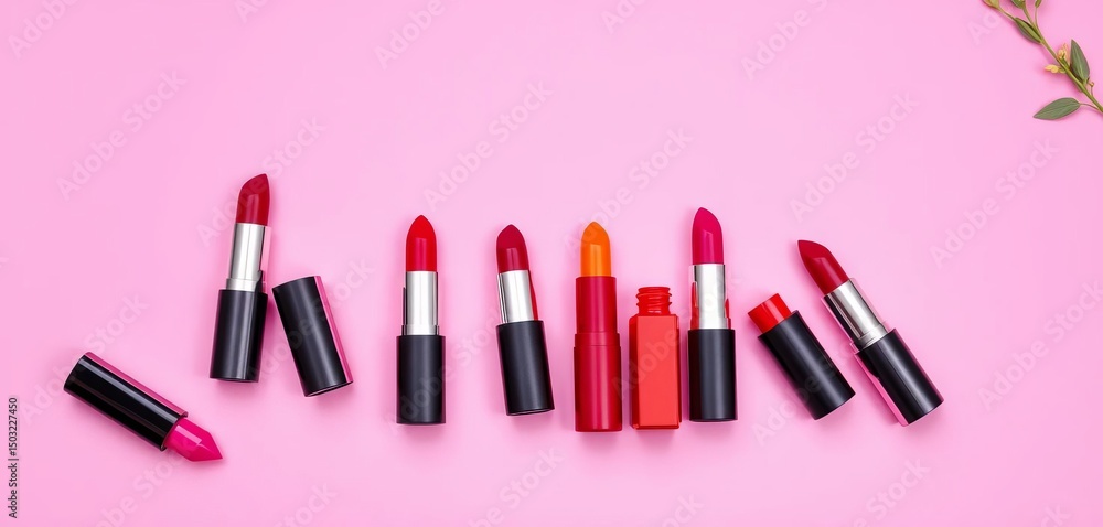 Neatly arranged vibrant lipsticks on pink backdrop, shine, product Neatly arranged vibrant lipsticks on pink backdrop, shine, product