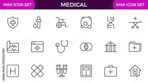 Set of Medical web icons in line style. Medicine and Health Care, RX. Medicine, check up, doctor, dentistry, pharmacy, lab, scientific discovery, collection.