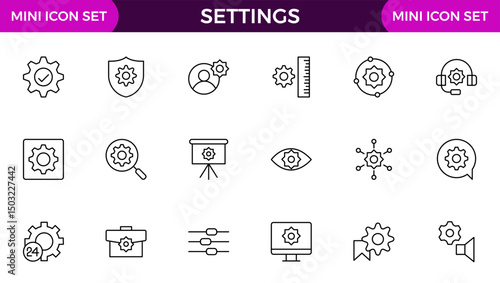 Settings, icon set. Containing options, configuration, preferences, adjustments, operation, gear, control panel, equalizer, management, optimization and productivity icons.