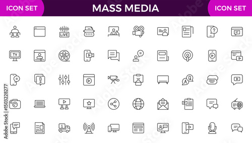 Mass media outline vector icons large set isolated on white background. media business concept. Media outline icons set.