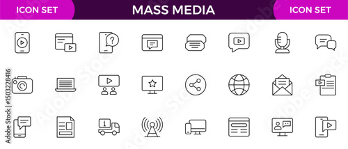 Mass media outline vector icons large set isolated on white background. media business concept. Media outline icons set.