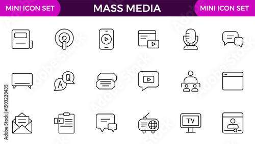 Mass media outline vector icons large set isolated on white background. media business concept. Media outline icons set.