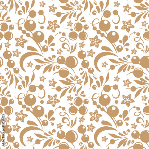 Russian old style ornament Hohloma in gold colors seamless pattern. Vector Floral slavic traditional decoration motive. For cards, fabric, textiles, clothing, packaging.