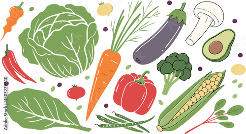 Watercolor Vegetables Set | a watercolor-style vector illustration of a variety of fresh vegetables arranged on a white background. Include colorful, hand-painted representations of vegetables.