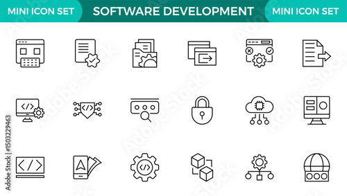 Software development line icon set. Cloud computing, programmer, website, data, bugs, appraisal, feedback, evaluation, goals, metrics, KPI outline icon collection.