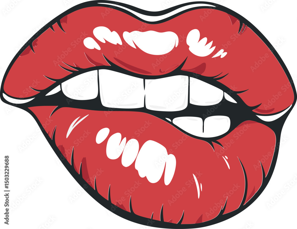 Vibrant Red Lips Biting Lip - Pop Art Style Mouth Illustration with Bold Glossy Expression Vibrant Red Lips Biting Lip - Pop Art Style Mouth Illustration with Bold Glossy Expression