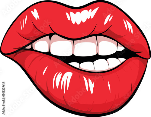 Vibrant Red Lips Biting Lip - Pop Art Style Mouth Illustration with Bold Glossy Expression
