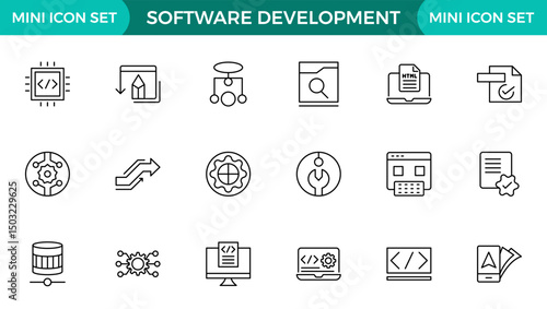 Software development line icon set. Cloud computing, programmer, website, data, bugs, appraisal, feedback, evaluation, goals, metrics, KPI outline icon collection.