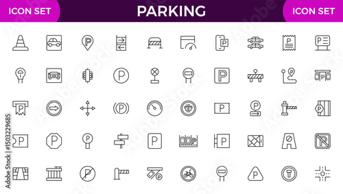 Parking line icon collection. Garage, paid parking, lift, automobile and car parking icon set.