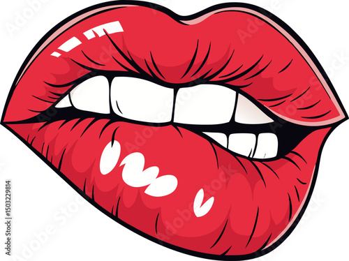 Vibrant Red Lips Biting Lip - Pop Art Style Mouth Illustration with Bold Glossy Expression