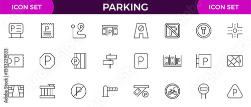 Parking line icon collection. Garage, paid parking, lift, automobile and car parking icon set.
