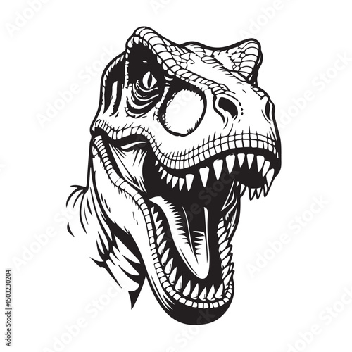 Roaring velociraptor dinosaur head black and white illustration